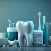 white-healthy-tooth-different-tools-for-dental-care-blue-background-generative-ai-photo